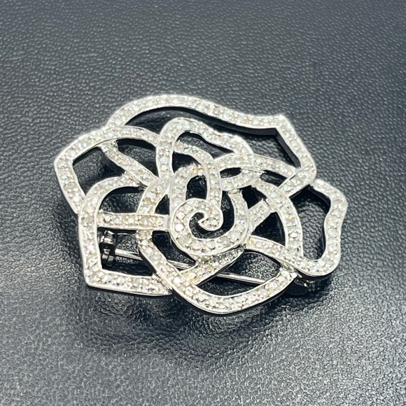 Sterling silver diamond rose flower brooch pin - Picture 7 of 14